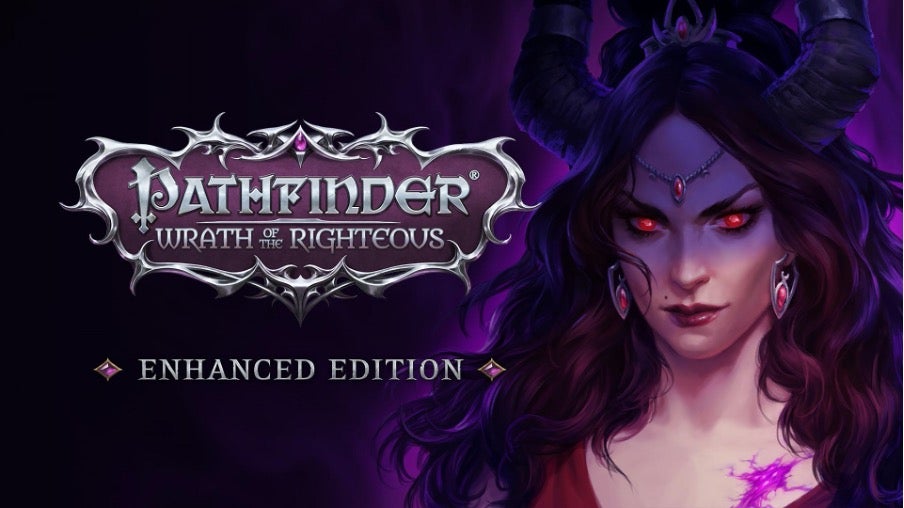 An image of Areelu Vorlesh, the antagonist of the game, a pale skinned woman with dark wavy hair, red eyes, and two tall horns protruding from the top of her head. The Pathfinder: Wrath of the Righteous Enhanced Edition logo is overplayed over the image
