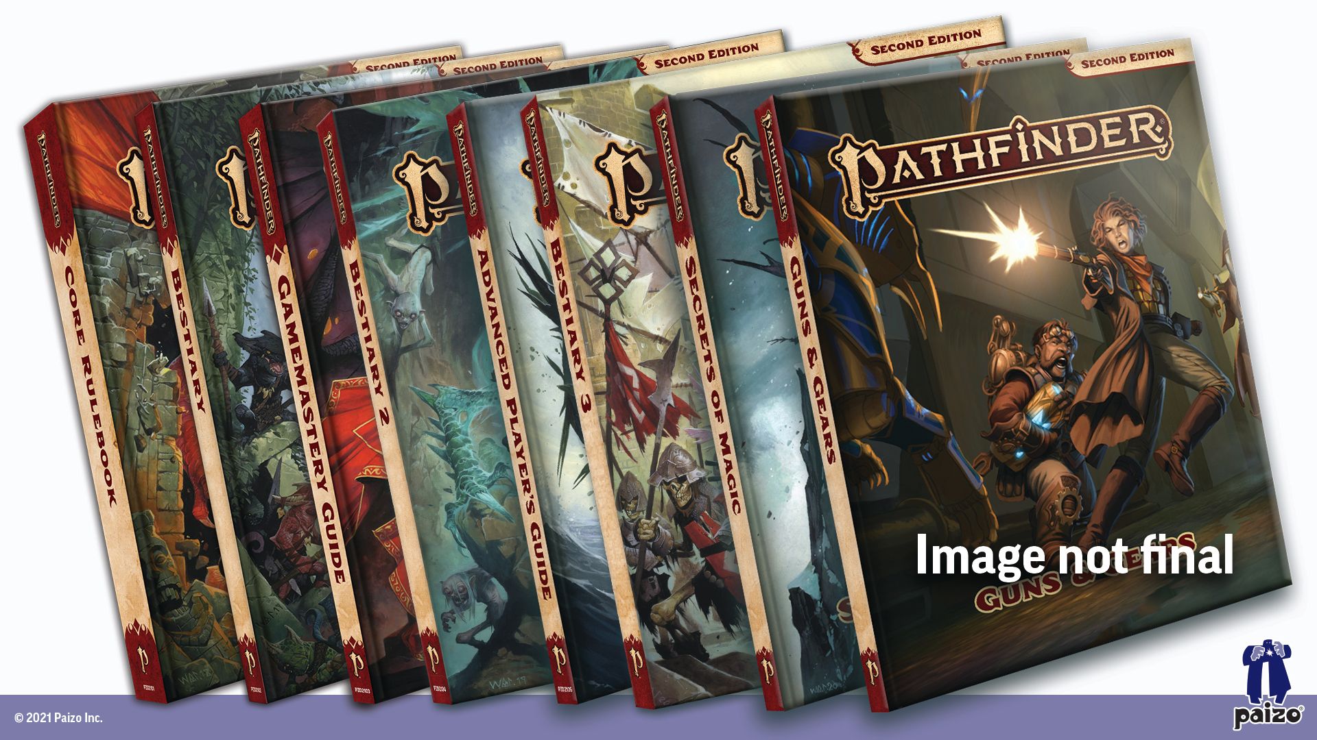 An image of all of the current pathfinder second edition rulebooks
