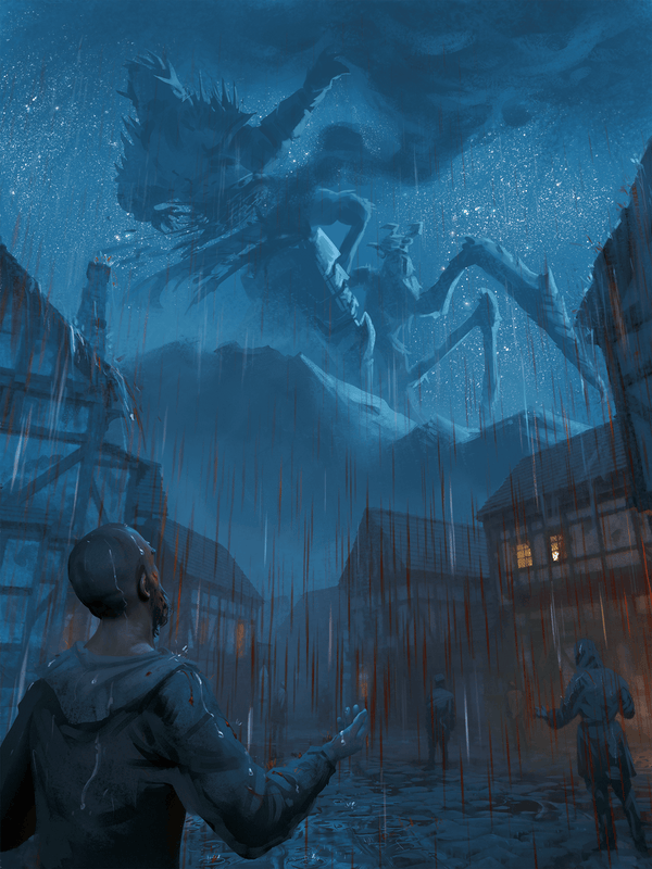 Illustration by Mark Tarrisse : Acheakek has just slain Gorum. The two figures appear like distant mountains. The people look on in awe and terror as a divine rain falls, originating from the dead god’s wound.