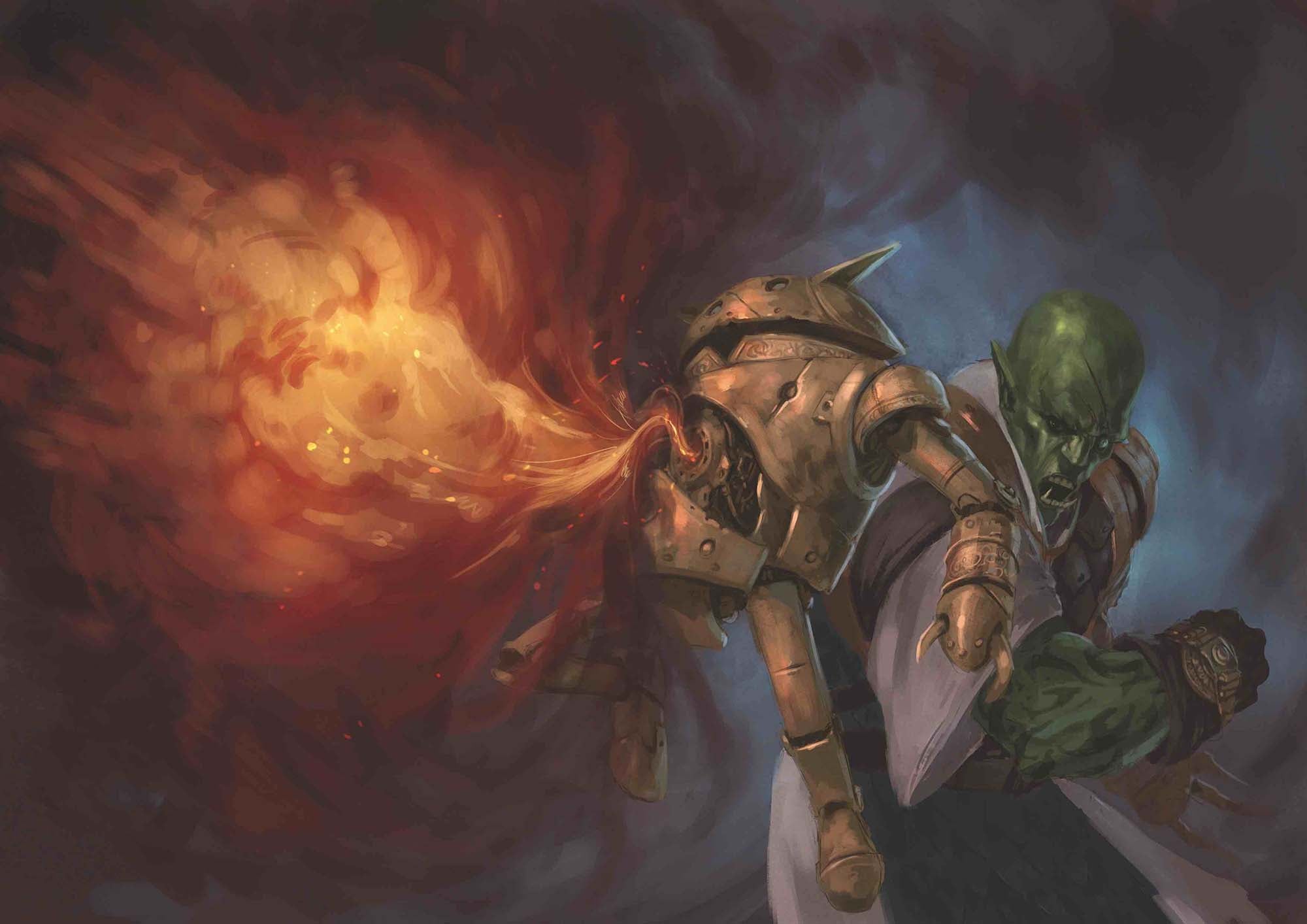 A copper clockwork goblin leaps into the air in front of a bald half-orc. A small door in the construct’s chest reveals a nozzle from which a gout of flame flares.