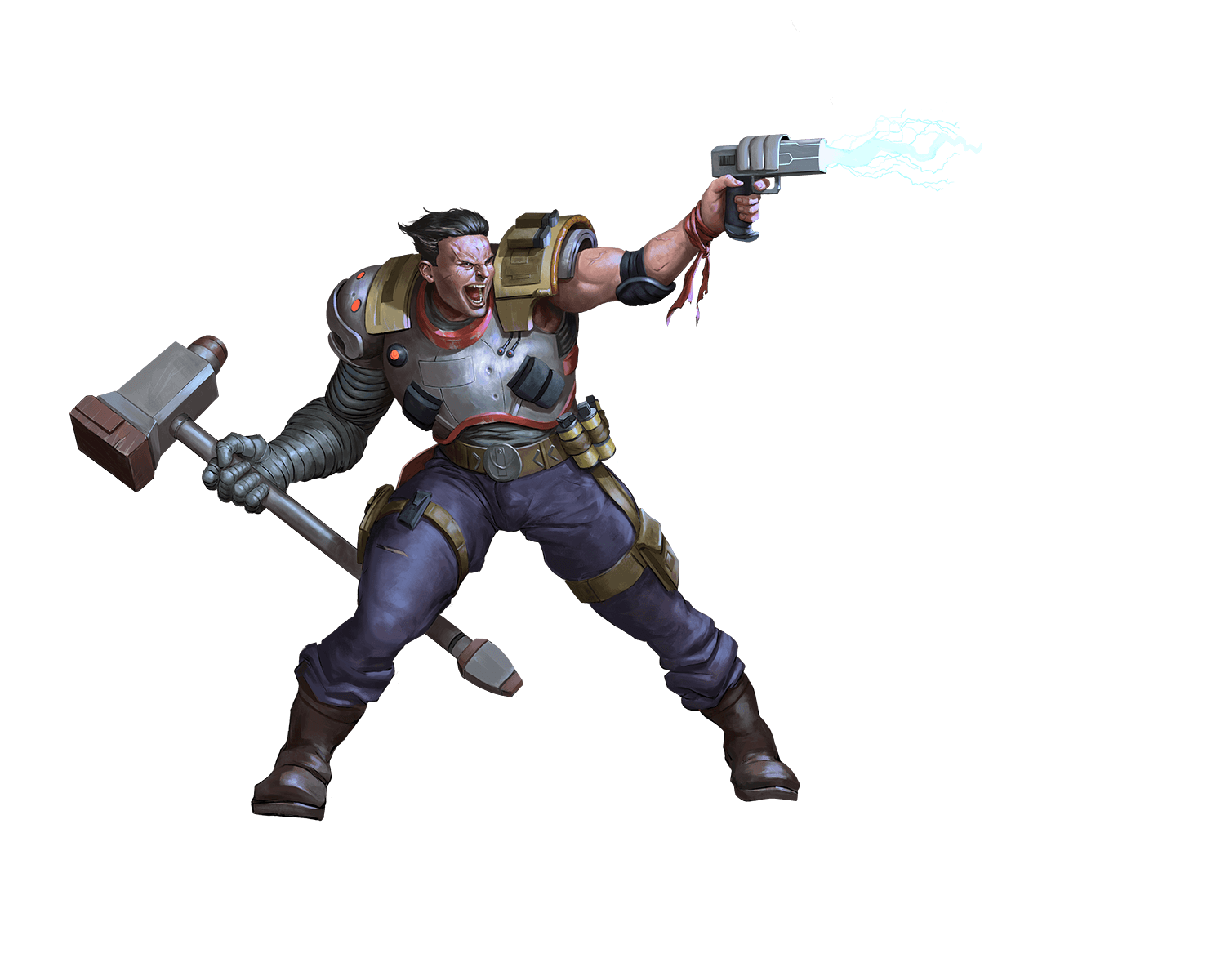 A heavily armed human man fires a lightning pistol, while holding a heavy hammer in the other hand. He was definitely not invited. 