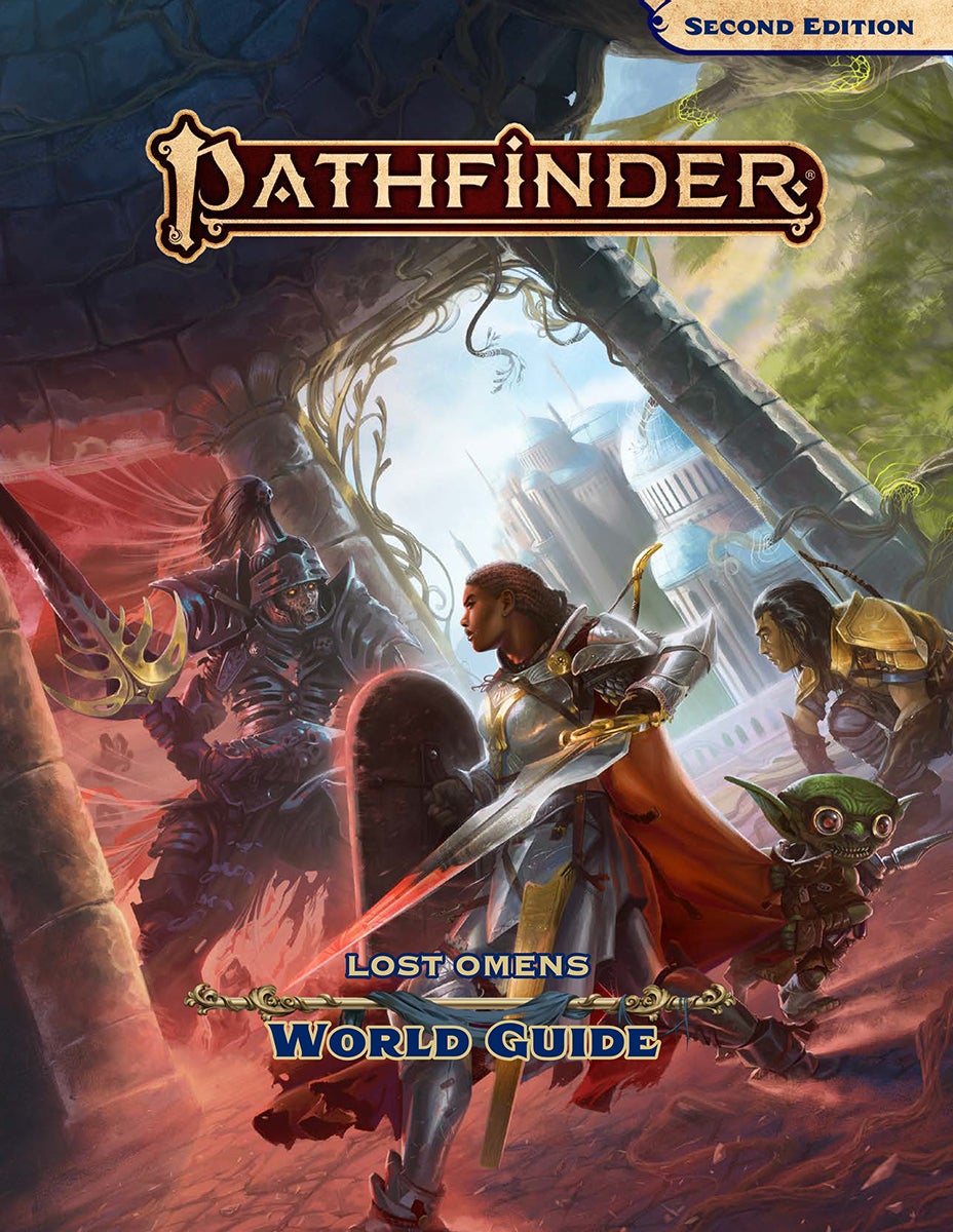 Pathfinder Lost Omens World Guide: Pathfinder iconics Seelah, Valeros, and Fumbus face a large armored figure exiting a crypt