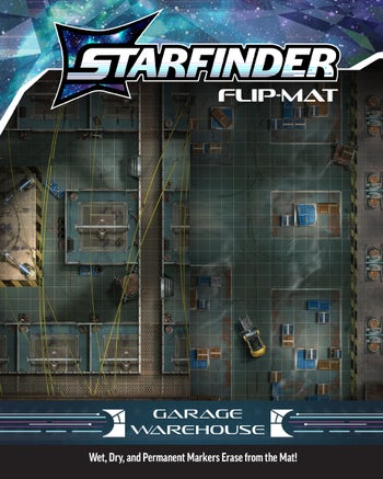 Starfinder Flip-Mat: Garage Warehouse. A top down, square tiled mat of a garage warehouse interior featuring long open walkways, stacks of containers, and forklifts
