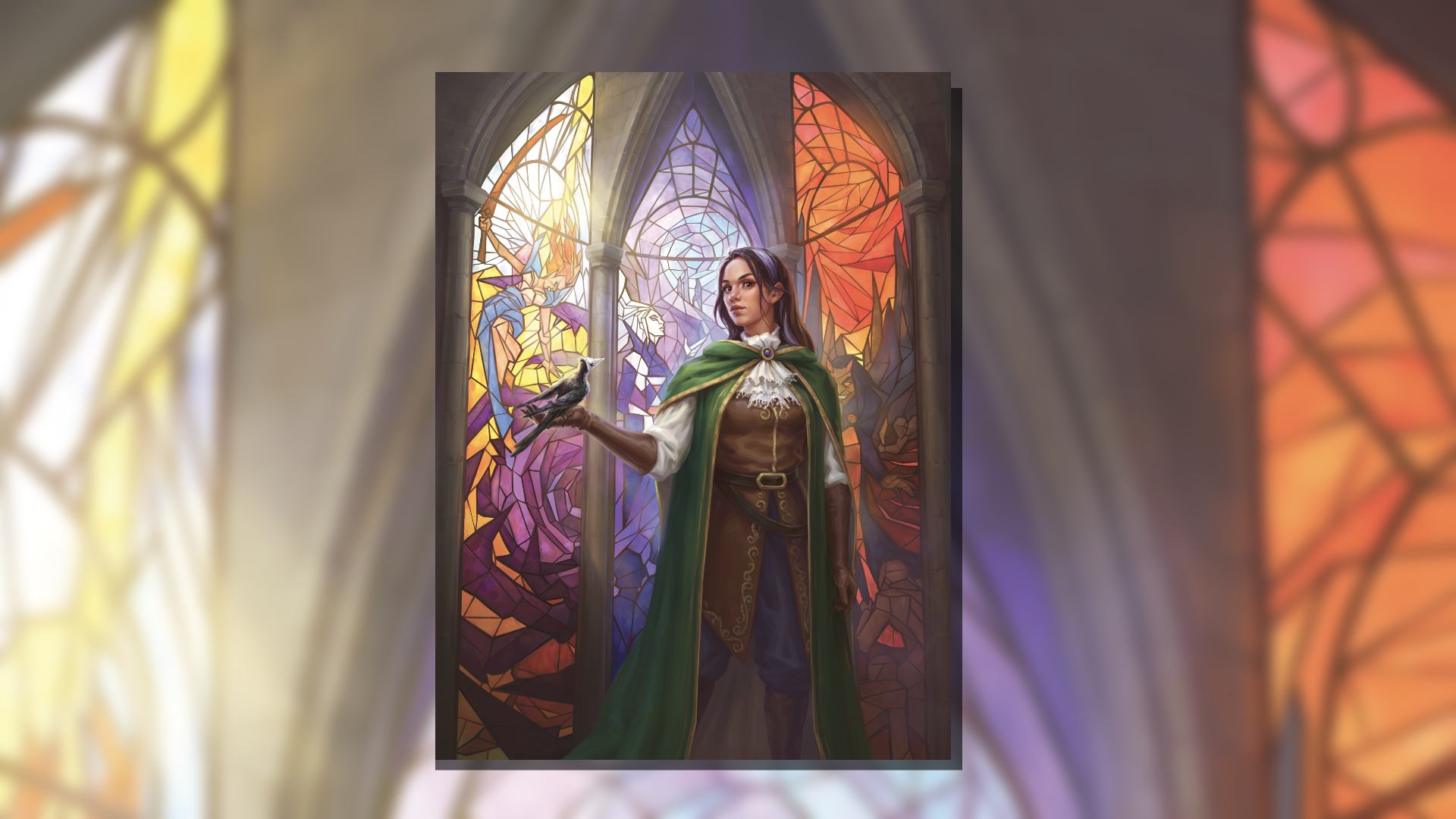 Arazni standing in front of a stained-glass window, holding Yivali, a nosoi psychopomp of Pharasma.