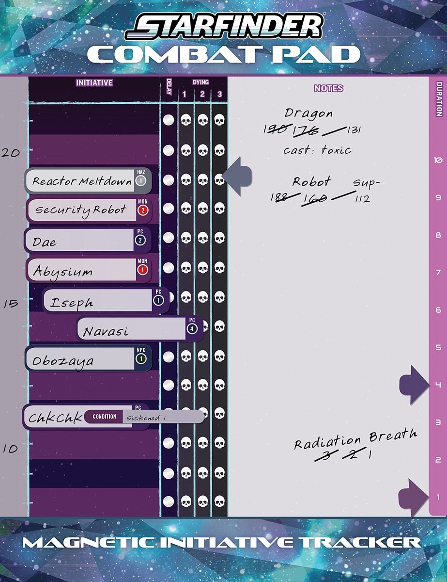 Starfinder Second Edition Combat Pad: A magnetic, dry erase pad, with moveable name that can track where players are in a turn order, one side is a counting turn tracker and the other side is a blank space for note taking