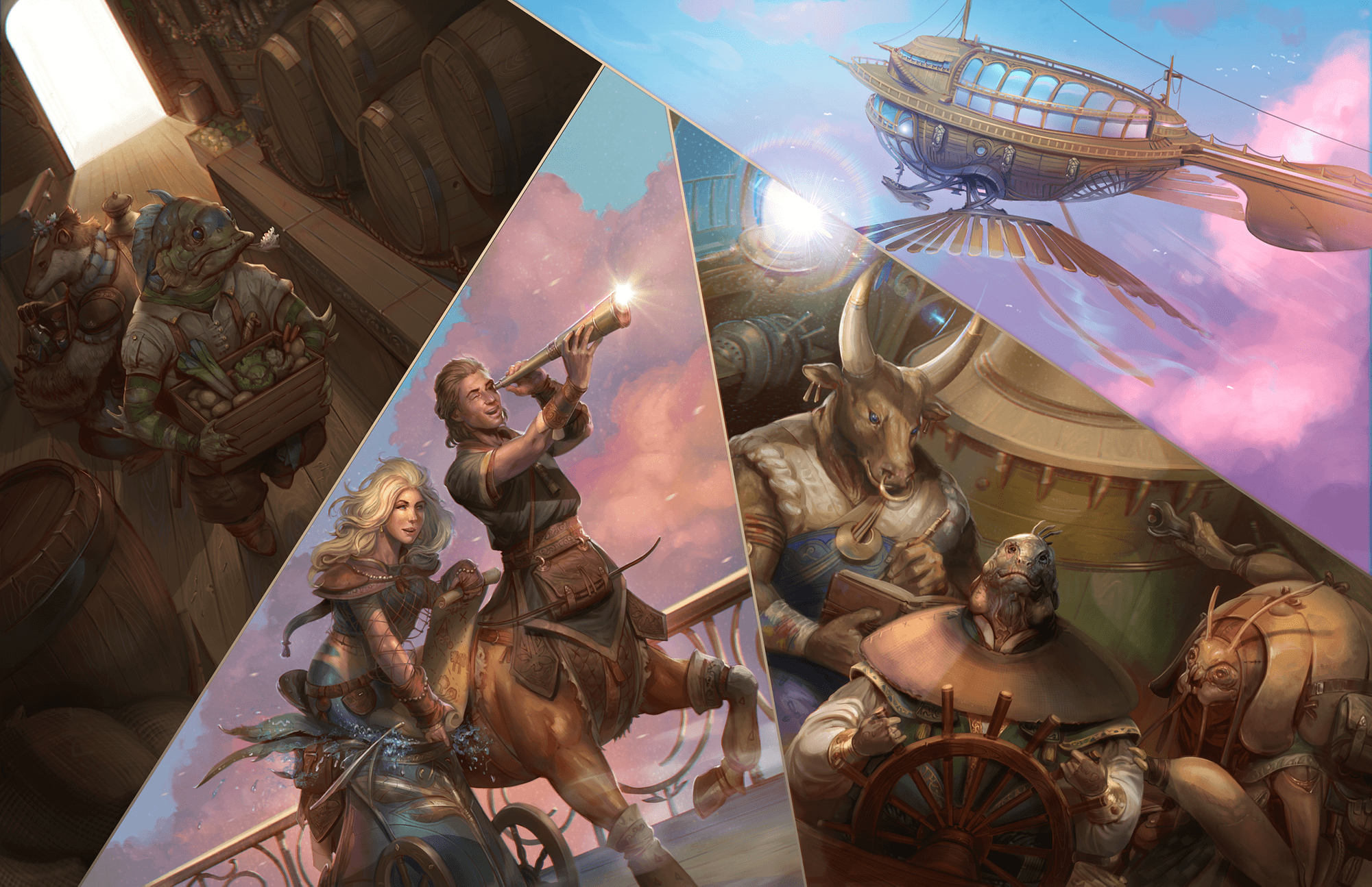 Combined illustrations of the crew setting off on their grand journey around Golarion! Art by Mirco Paganessi