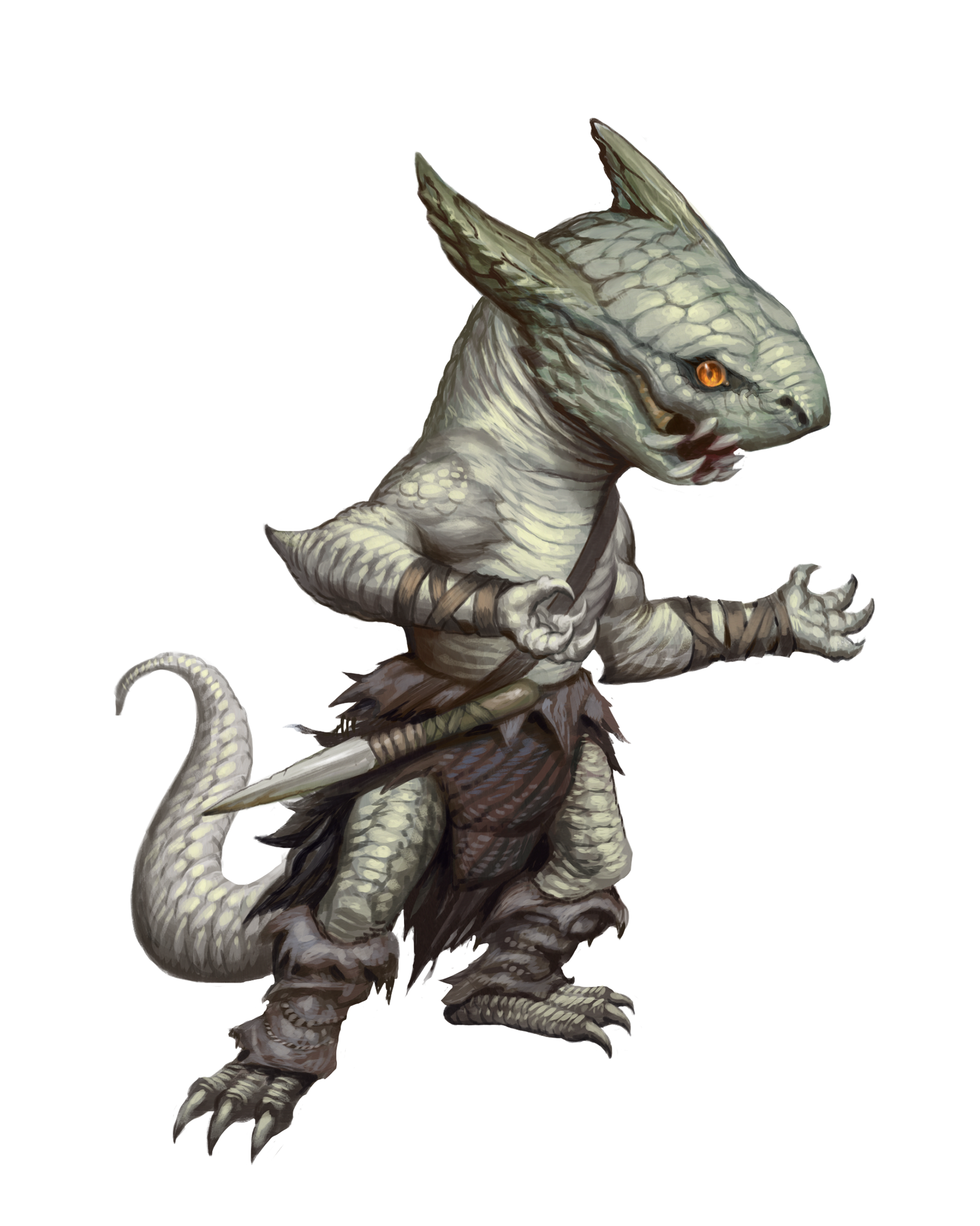 Purepurin, a white scaled kobold with a dagger sitting on their hip