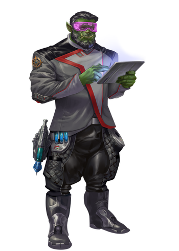 Heldin Sevaile, artist Nicholas Phillips: A confident male half-orc scientist and explorer looks up from a tablet computer, after being interrupted in his work.