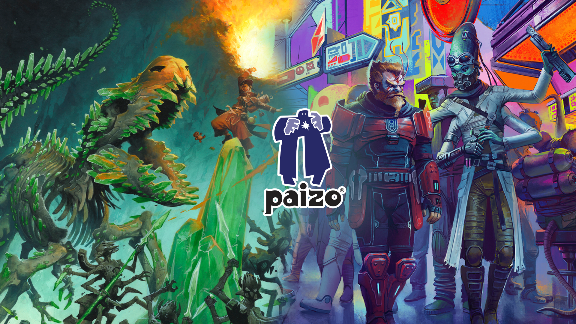 Combined images of the Pathfinder Rage of Elements and the Starfinder Ports of Call covers with the paizo logo overlayed over the top of both of them