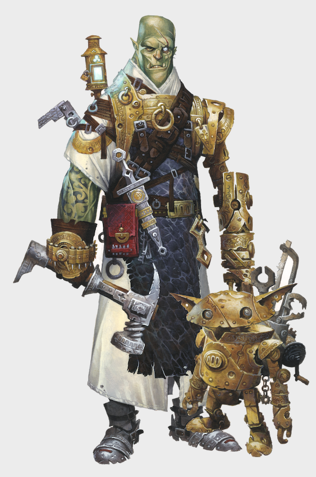 A bald half-orc with a clockwork prosthetic arm and scar marring his left eye. He wields a large bronze hammer that looks like equal parts weapon and tool and is accompanied by a small mechanical goblin with a toolbox built into its back