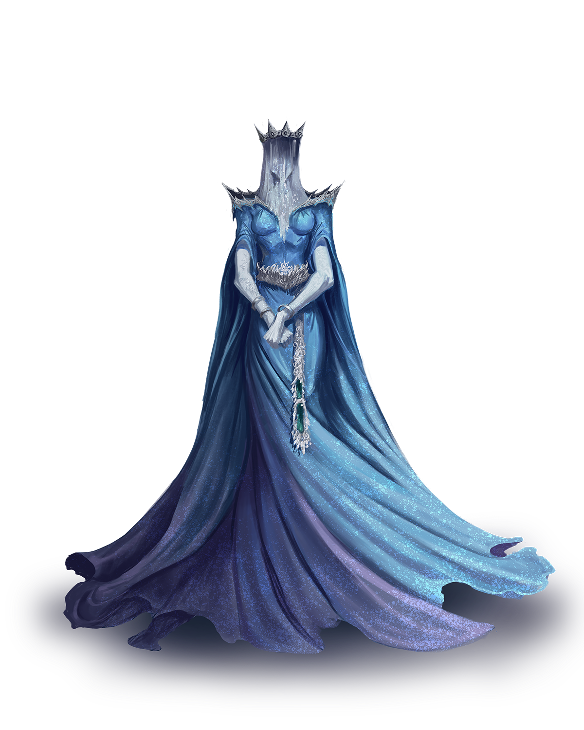 A figure in a flowing sparkling blue gown. Their face is masked by a magical waterfall flowing from the silver crown they wear.
