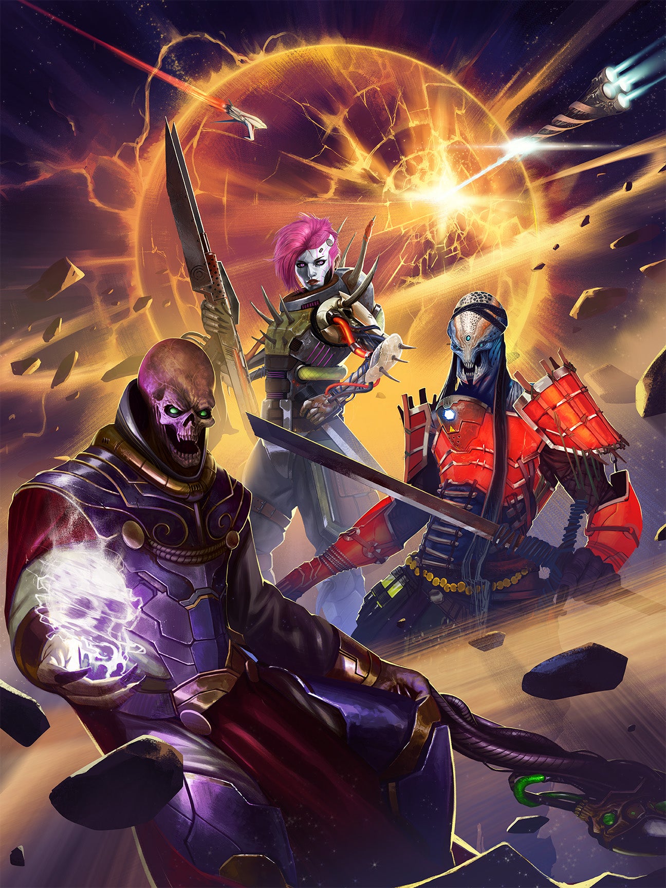  Three beings stand in the foreground with a planet exploding in the background. On the left if a humanoid with skull-like features, glowing green eyes, and a dark blue and gold armor, in the middle is a pale humanoid with spiked armor and bright pink hair, to the right is a humanoid in red armor with blue skin and mandibles protruding from their jaw