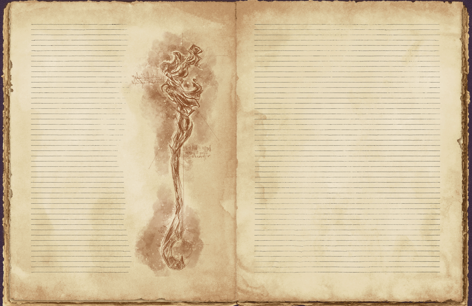 A blank lined journal with a parchment-like background and a sketched illustration of a branch-like staff