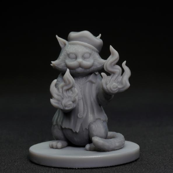 Grey unpainted miniature of a cat standing on its hind legs summoning fire in its paws
