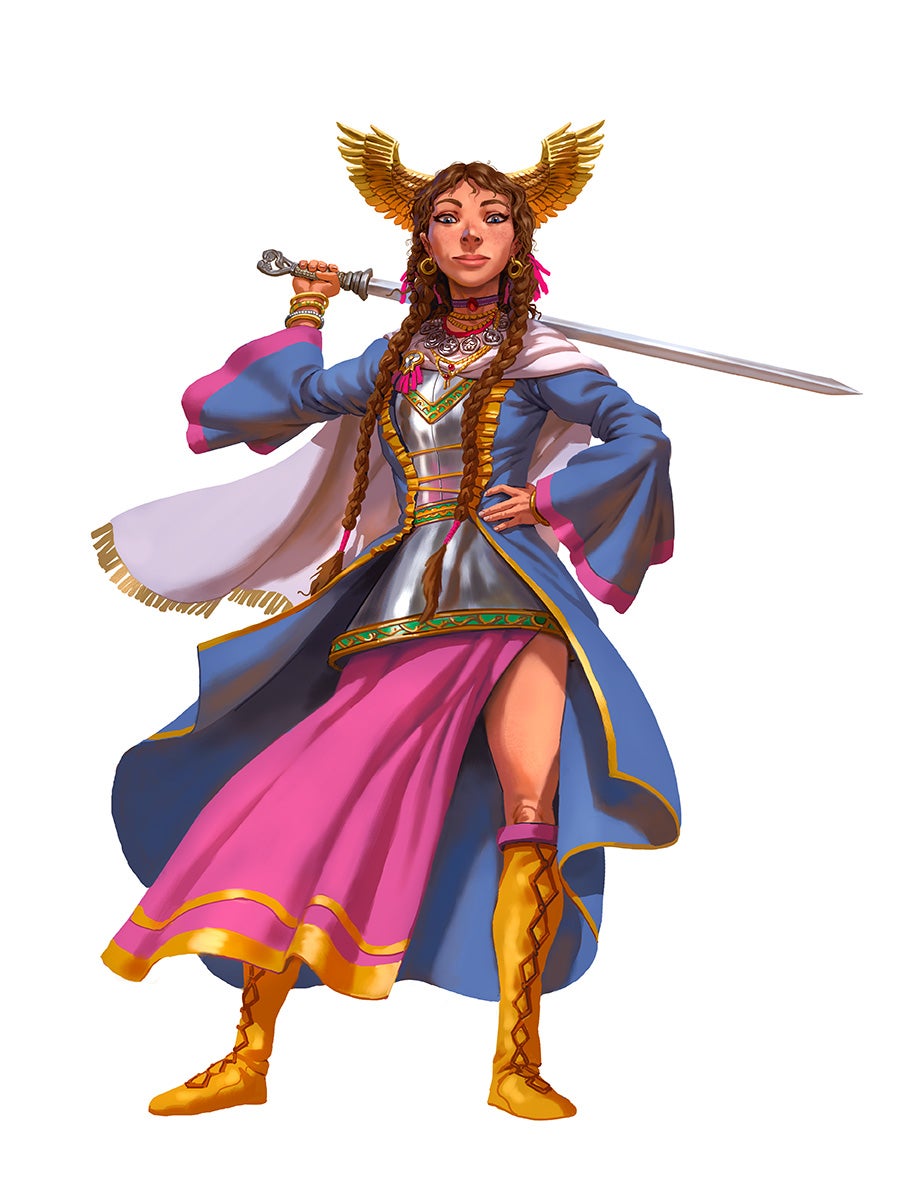 Falayna, goddess of femininity, martial training, and rings. She is wearing armor and a colorful robe while wielding a sword.