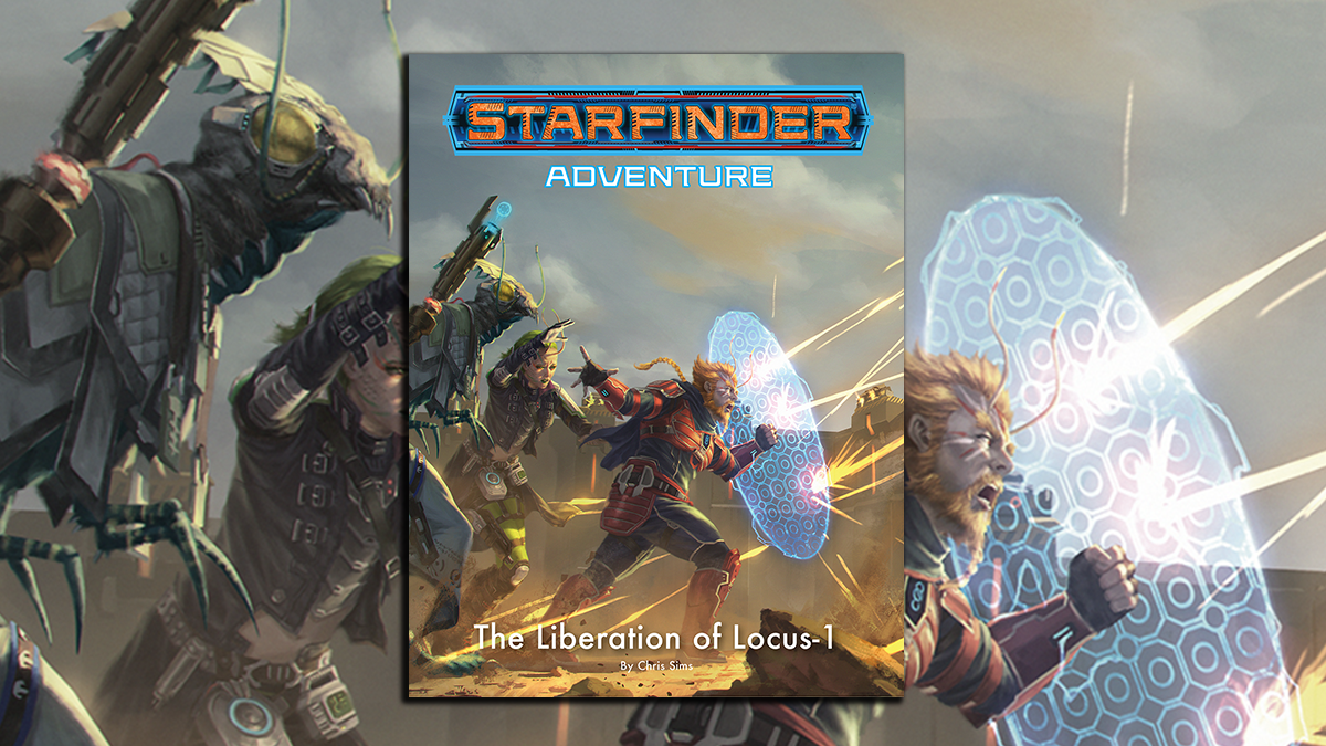 Starfinder Adventure: The Liberation of Locus-1: Iconic Velloro holds up a shield as he leads Raia and Keskodai through blaster fire