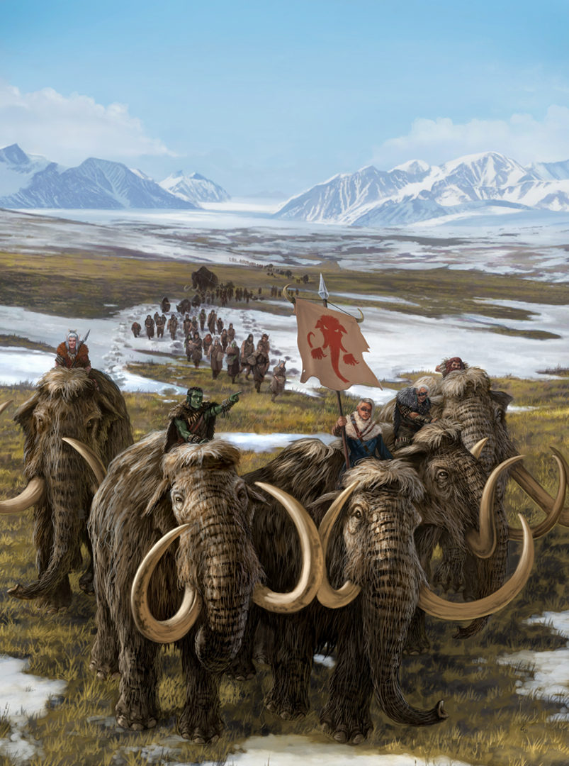 Travelers on mammoths lead a large group of people across snowing plains 