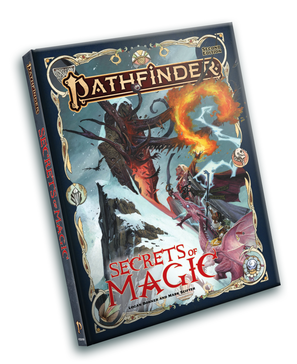 Pathfinder Secrets of Magic. Iconic summoner; a dark-skinned human girl, wearing mage’s robes runs next to her eidolon, a pink dragon several feet taller than her, and magus; a pale male half-elf with white hair, wearing ornate robes, wielding a sword in one hand and summoning magic in the other, are running towards a portal opening in a stone gate.