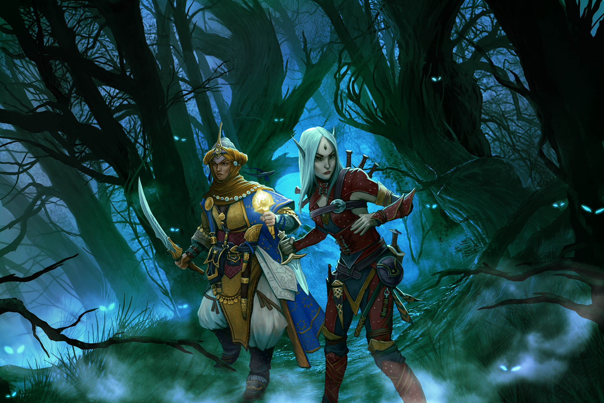 Kyra and Merisiel walk through a shadowy, fog-shrouded forest, weapons in hand. Several pairs of small glowing eyes peer at them from the darkness.