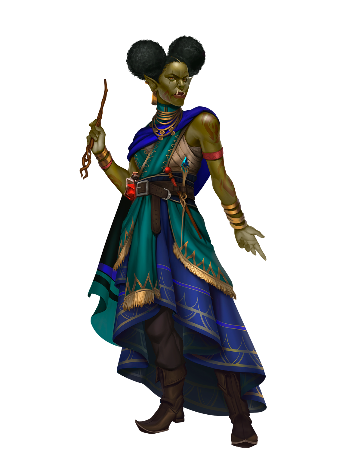 Dhalla Winddancer is an orc wizard, holding a wand. She has a very serious expression.