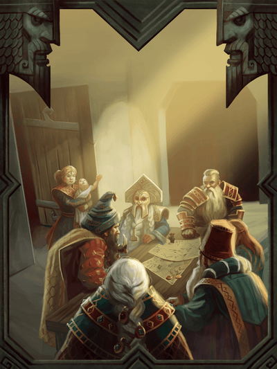 A council of dwarven clan leaders around a table. Art by: Darko Stojanovic