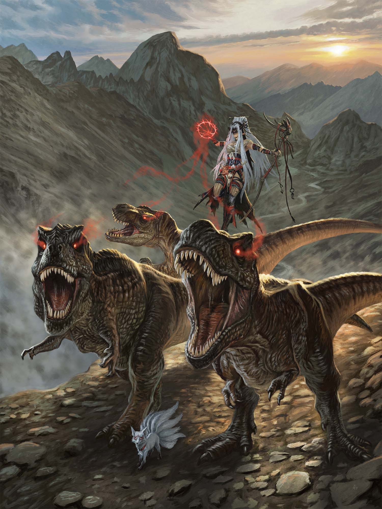 Pathfinder Iconic witch, Feiya, floats the backs of three Tyrannosaurus's that she is guiding with a red magic from her outstretched staff