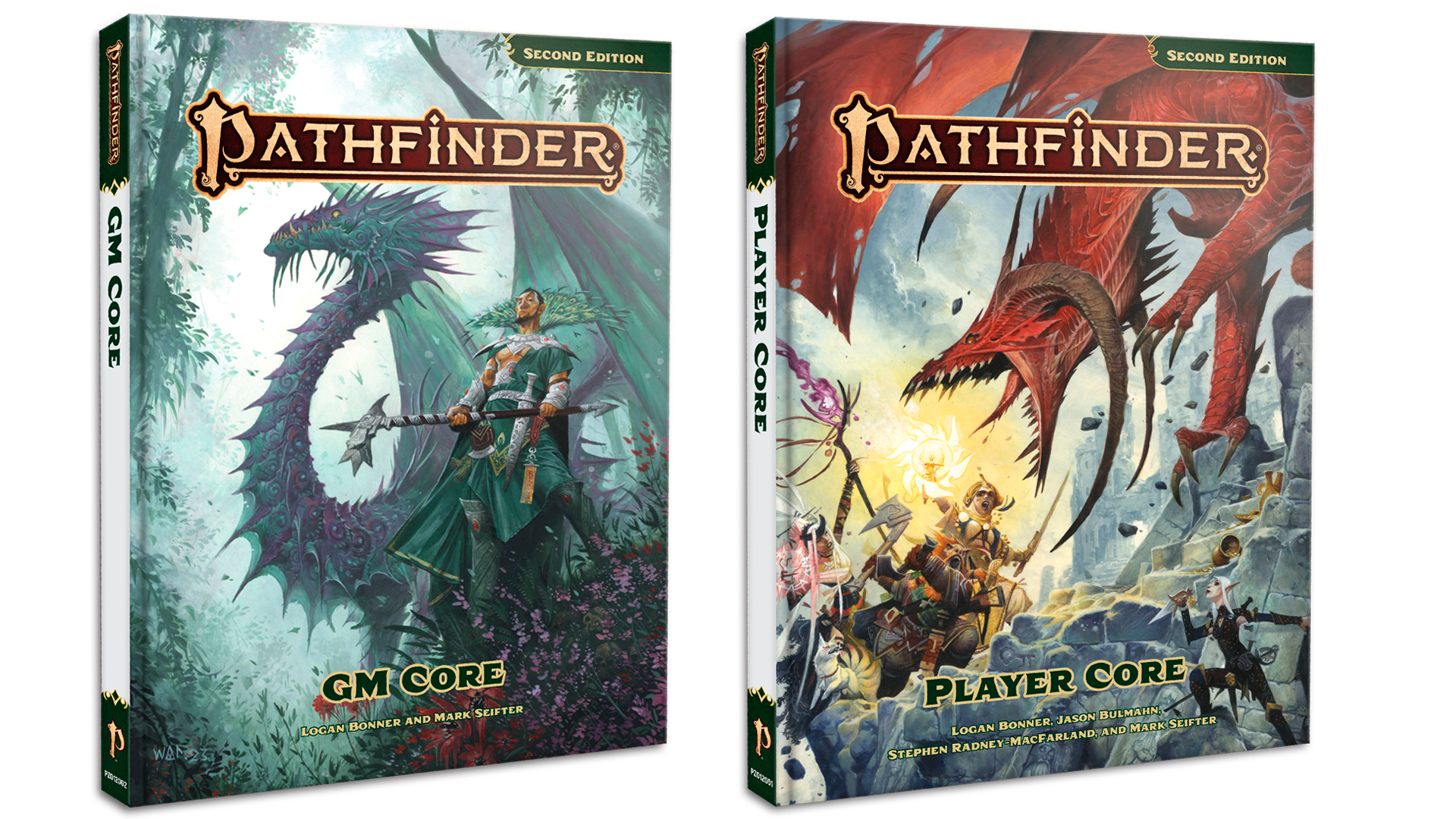 Side by side images of the Player Core and GM Core hardcovers. Player Core features a party of iconics battling a diabolic dragon. GM Core features Xanderghul standing in front of a mirage dragon.