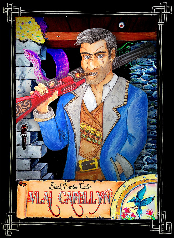 Vlai Cafellyn, a human gunslinger wearing a blue coat holding a long red rifle over his shoulder