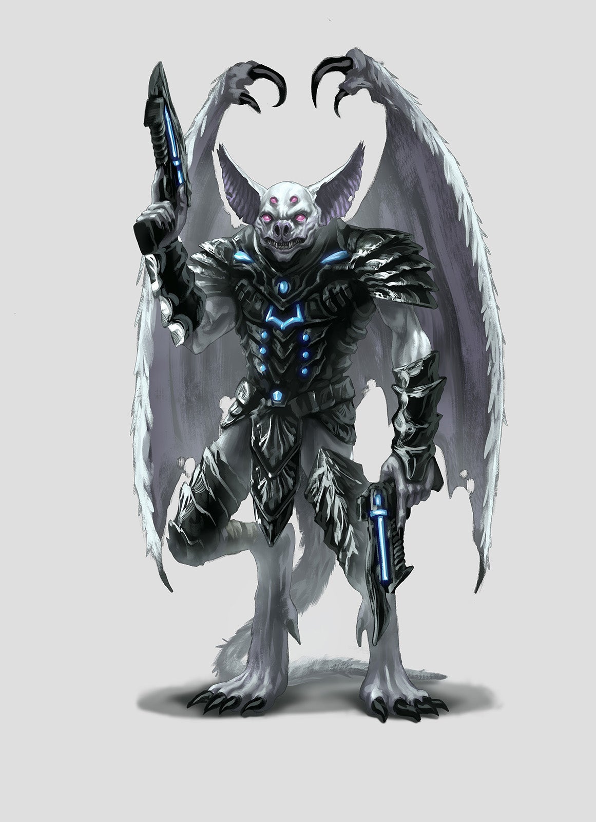 A Starfinder Grioth, a white furred, bat-like alien with large wings and a tail; dressed in dark armor, holding a laser pistol