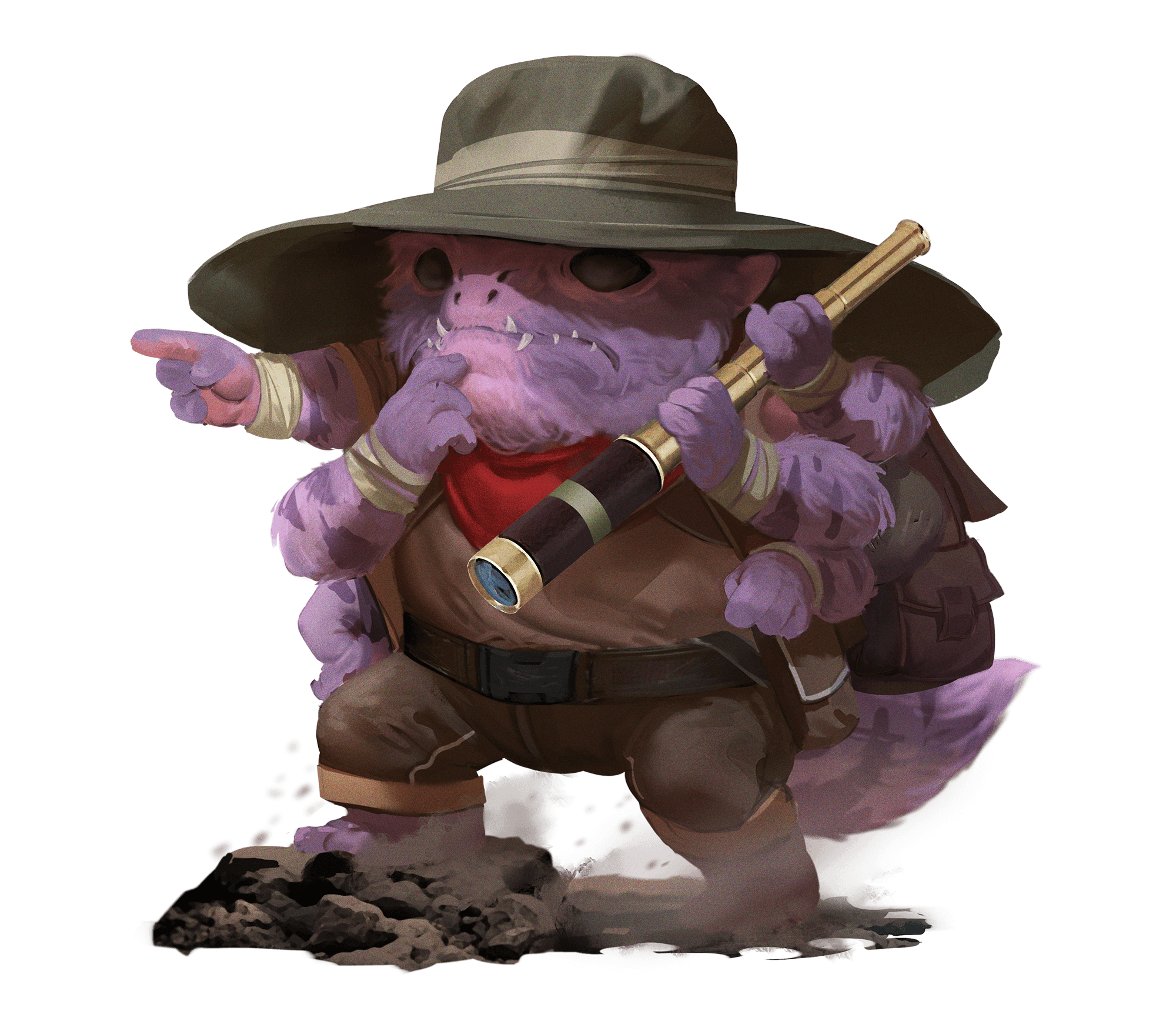 A pink skittermander in a large hat holding a spyglass.