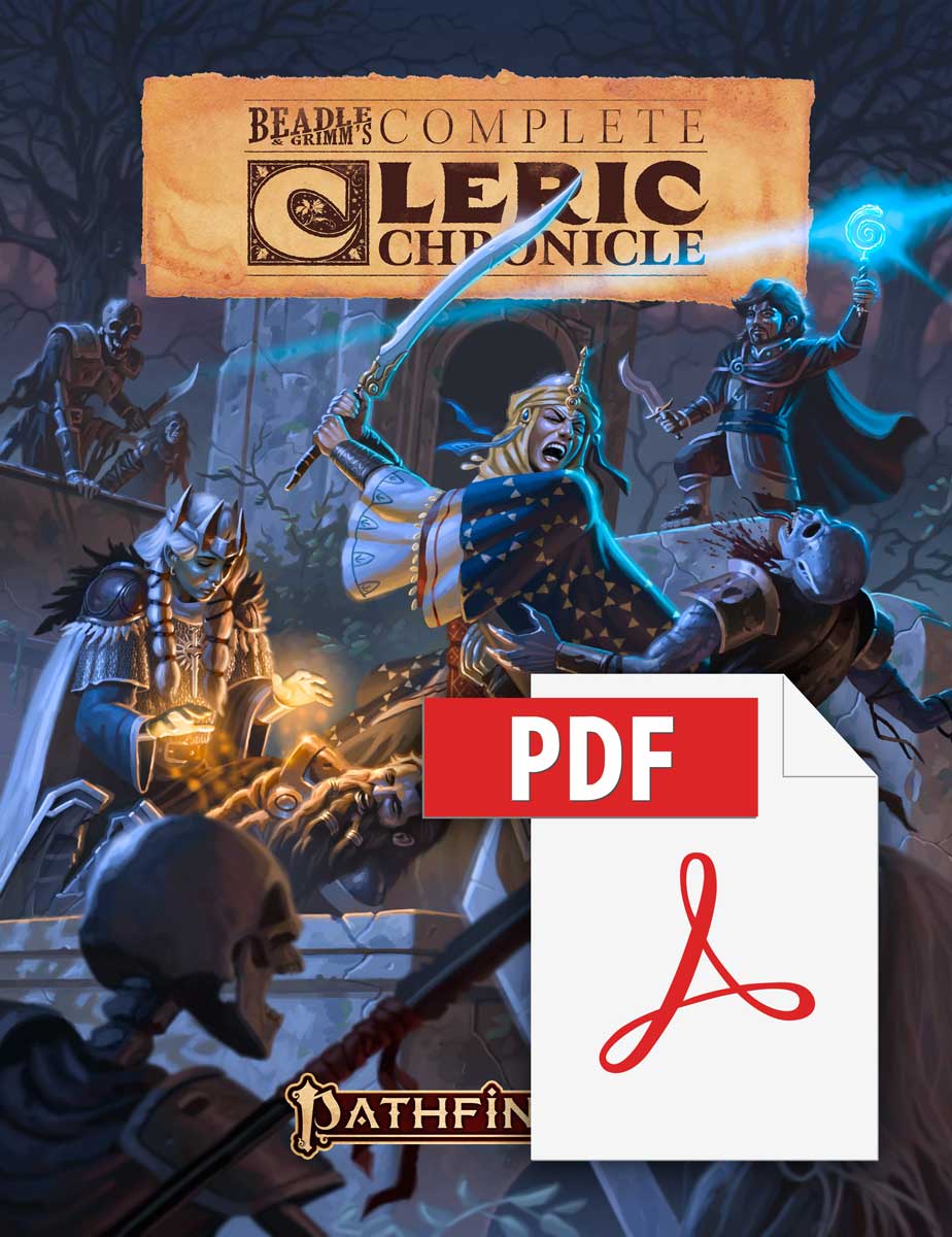 Beadle and Grimm's Complete Cleric Chronicle. Pathfinder iconic cleric, Kyra battling a hoard of skeletons while protecting a fallen dwarf behind her being healed by another white haired cleric