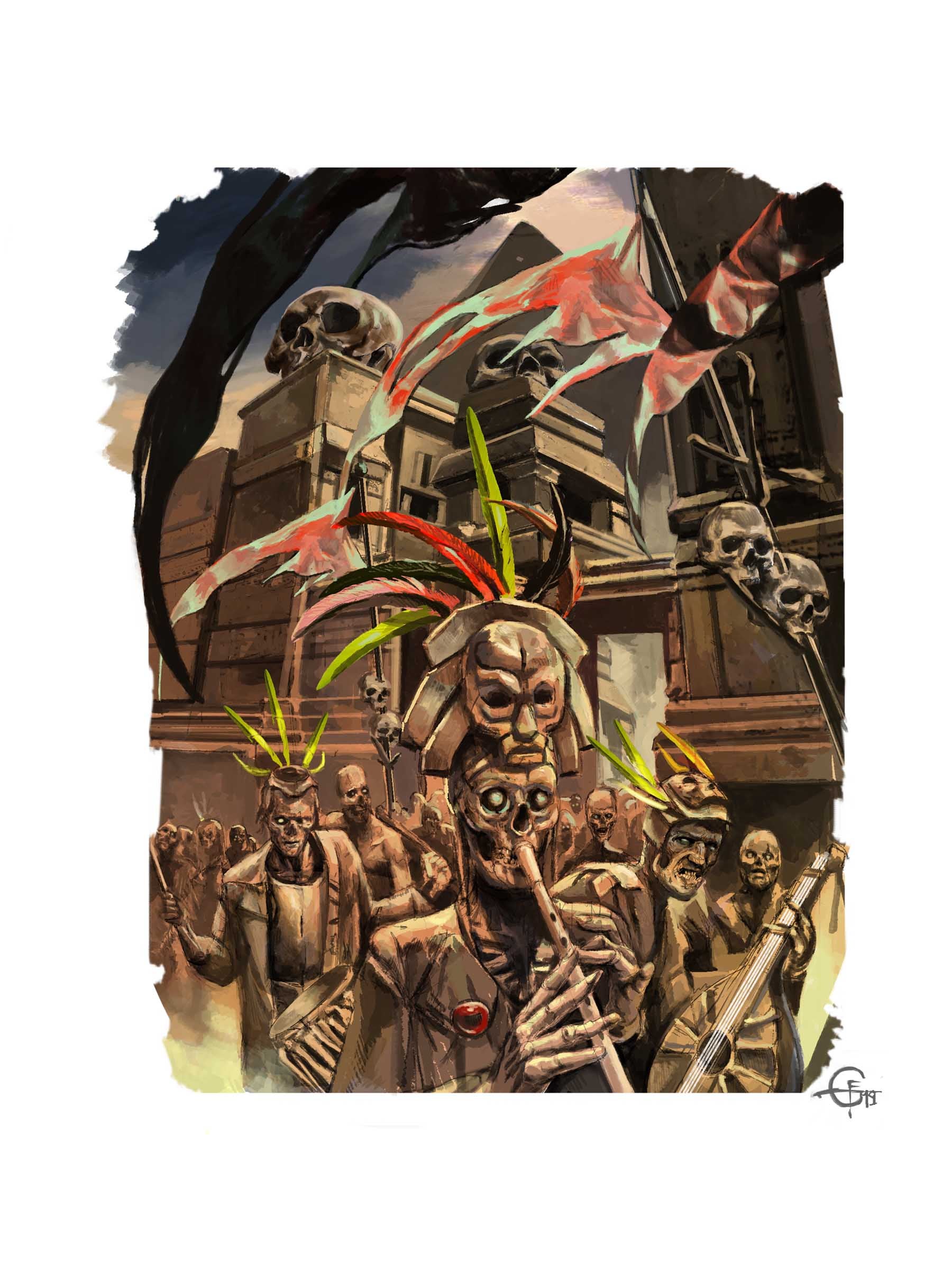 A procession of skeletons and undead wearing head dresses made of humanoid masks and feathers, playing music as they walk through the streets full of more undead.