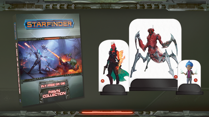 Starfinder Fly Free or Die Adventure Path: Pawn Collection. SF iconic andriod Iseph in the middle of a gunfight with a number of green aliens
