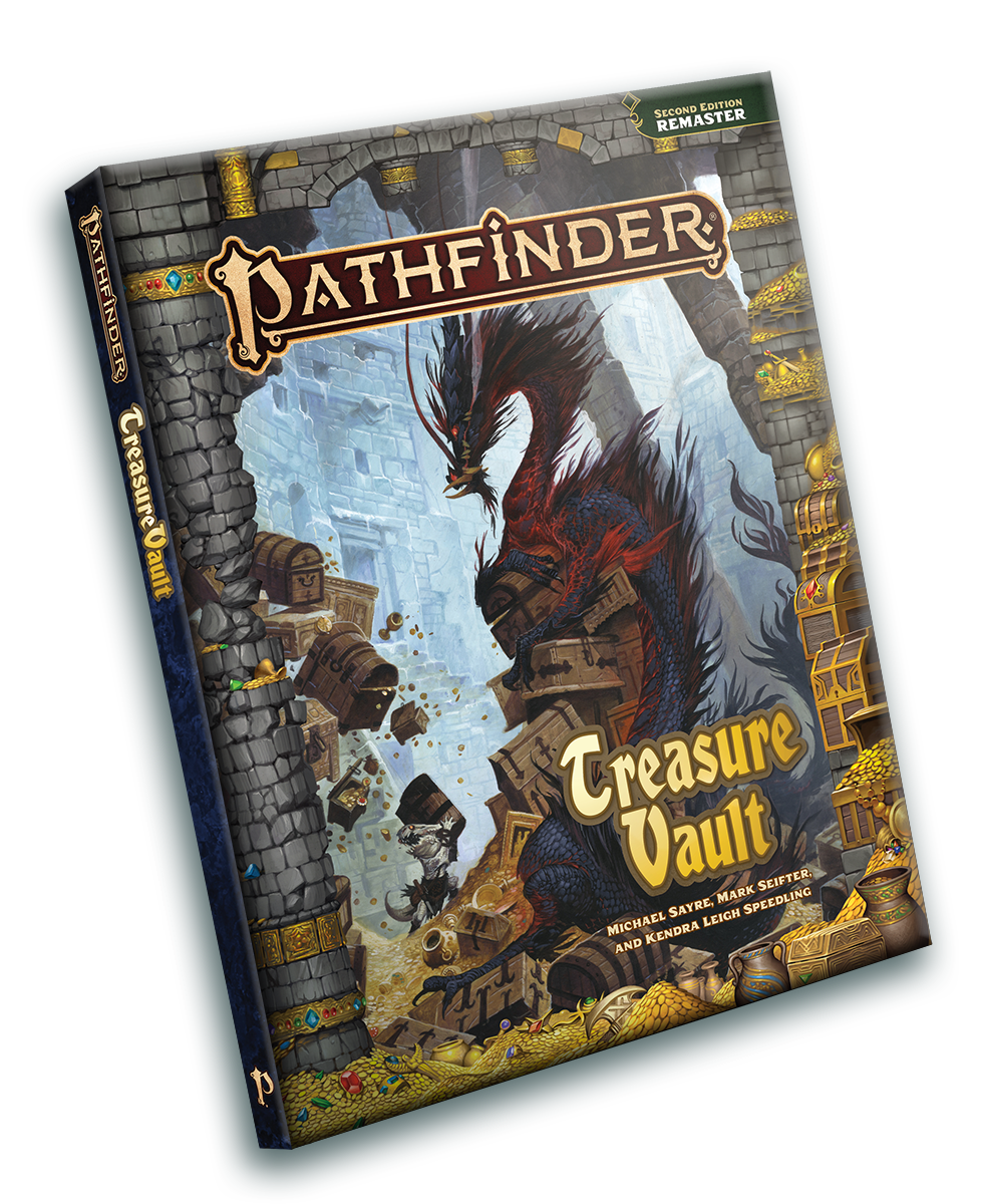 Pathfinder Treasure Vault (Remastered) Pocket Edition: The cover art features a long black and red dragon sitting on top of a pile of trunks looms over a small white kobold holding up a small treasure chest 