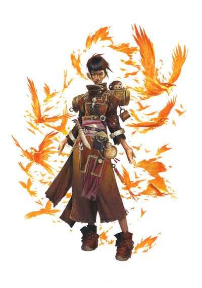 Pathfinder Second Edition Iconic Kineticist, Yoon, standing with her hands out, surrounded by flaming birds