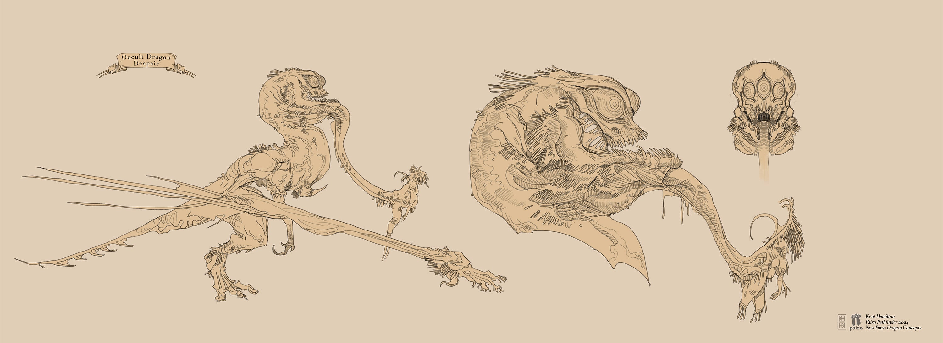 Despair Dragon Concept, artist Kent Hamilton: A sketch design of a despair dragon, a dragon with a bestial face and a long tongue with a strange bladder covered in cilia. The sketch includes a close-up look of the dragon’s features.