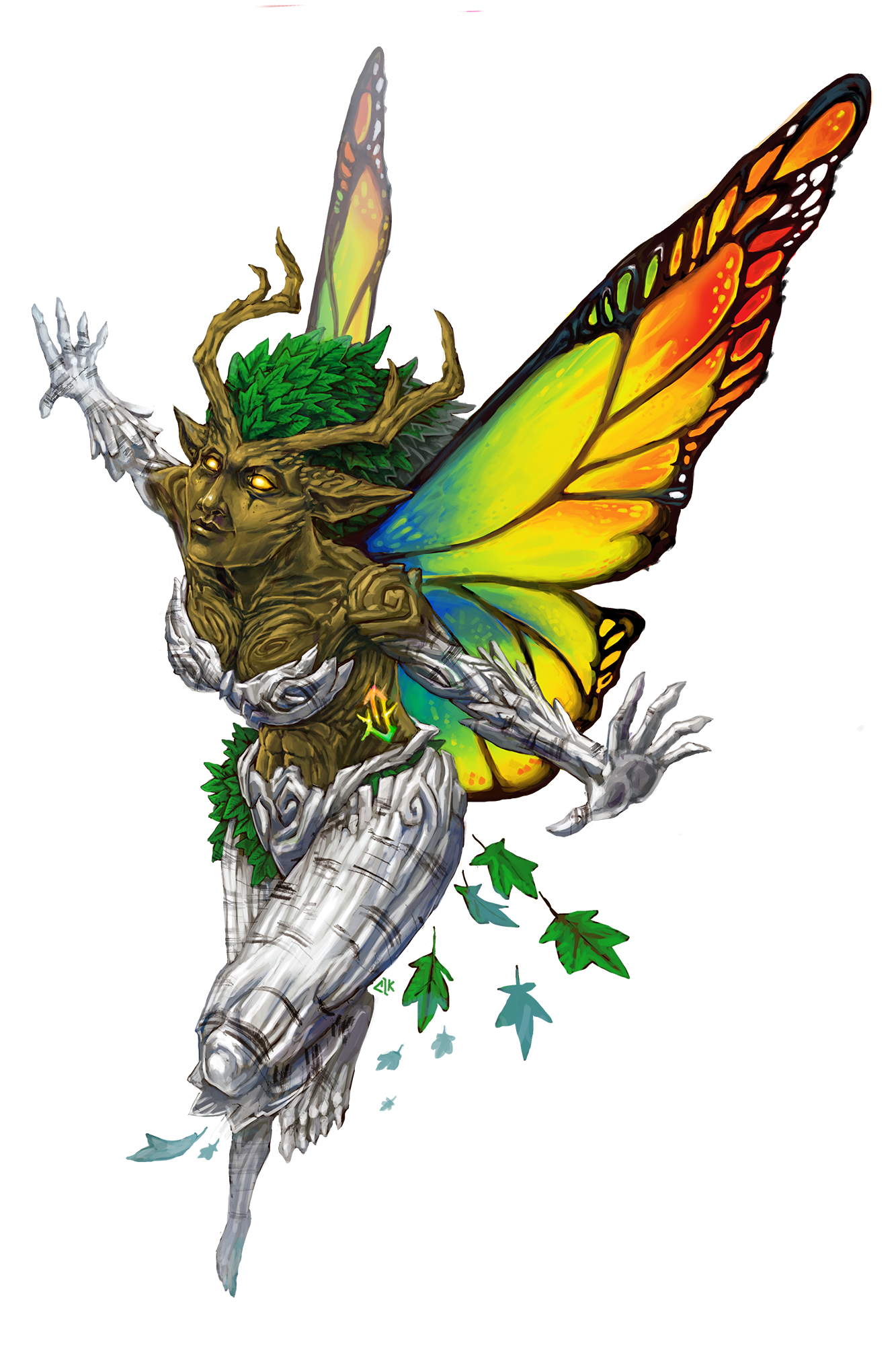 Eidolon fey, a sprite-like eidolon with bark-like skin, leafy hair, and butterfly wings