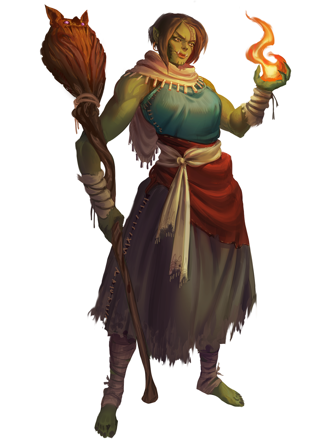 An Orc mage holding up fire in the palm of her hand