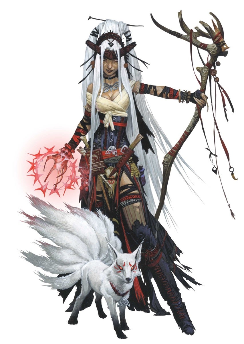 Pathfinder iconic witch, Feiya, standing with her white, multi-tailed fox familiar Daji