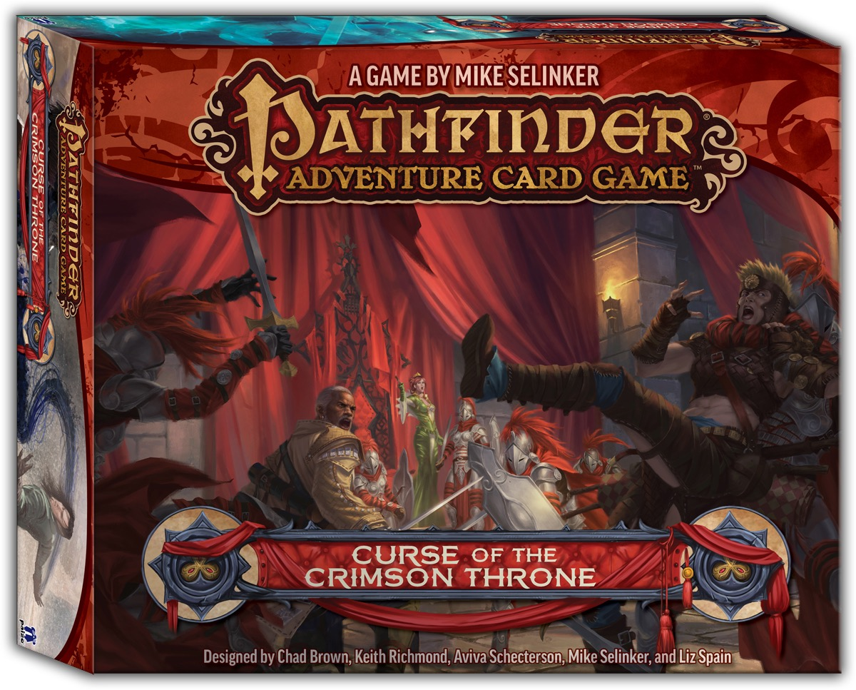 Pathfinder Adventure Card Game, Curse of the Crimson Throne box mock up featuring iconic investigator Quinn surrounded by armored knights in a noble's court