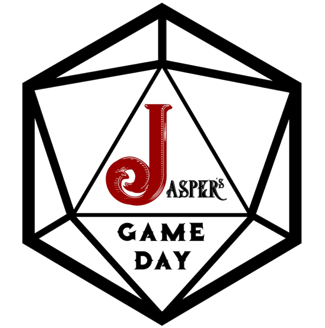Jasper's Game Day: Decorative text logo in a D-20 icon