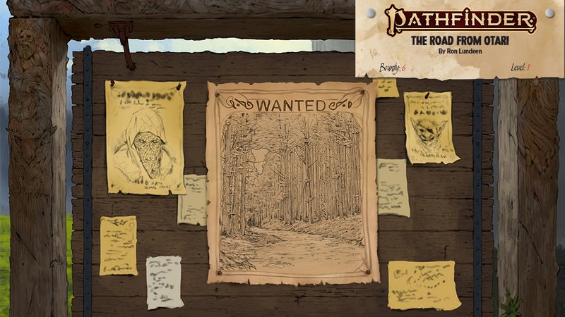 Pathfinder Bounties featuring a wanted sign with a print of a forest path on the main flyer