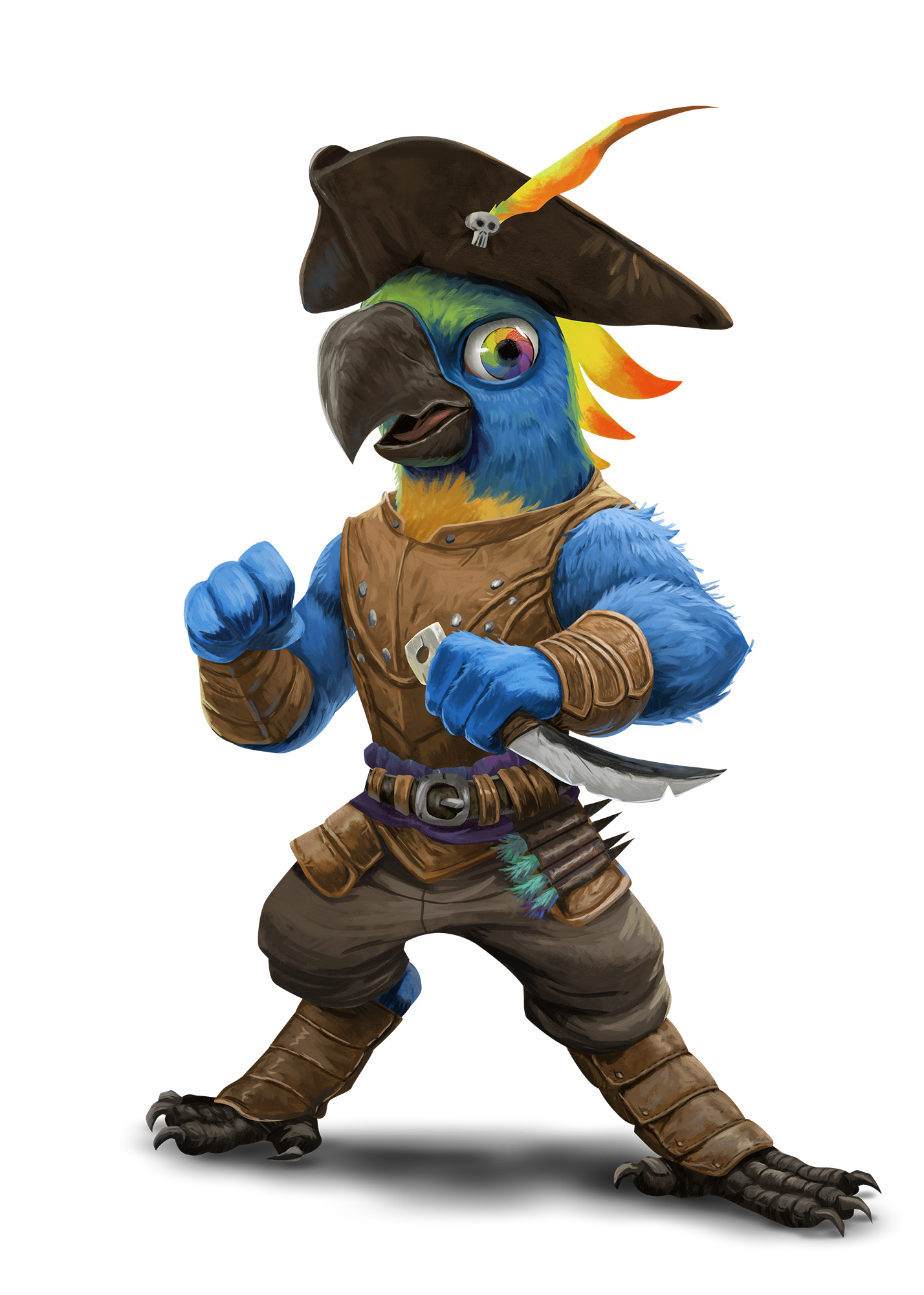 Gmayun, a humanoid, parot ,bird-folk with bright blue feathers. Wearing leather armor and wielding a dagger 