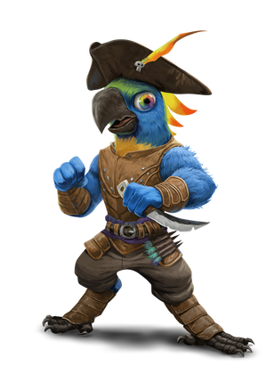 Gmayun, a humanoid, parot ,bird-folk with bright blue feathers. Wearing leather armor and wielding a dagger 