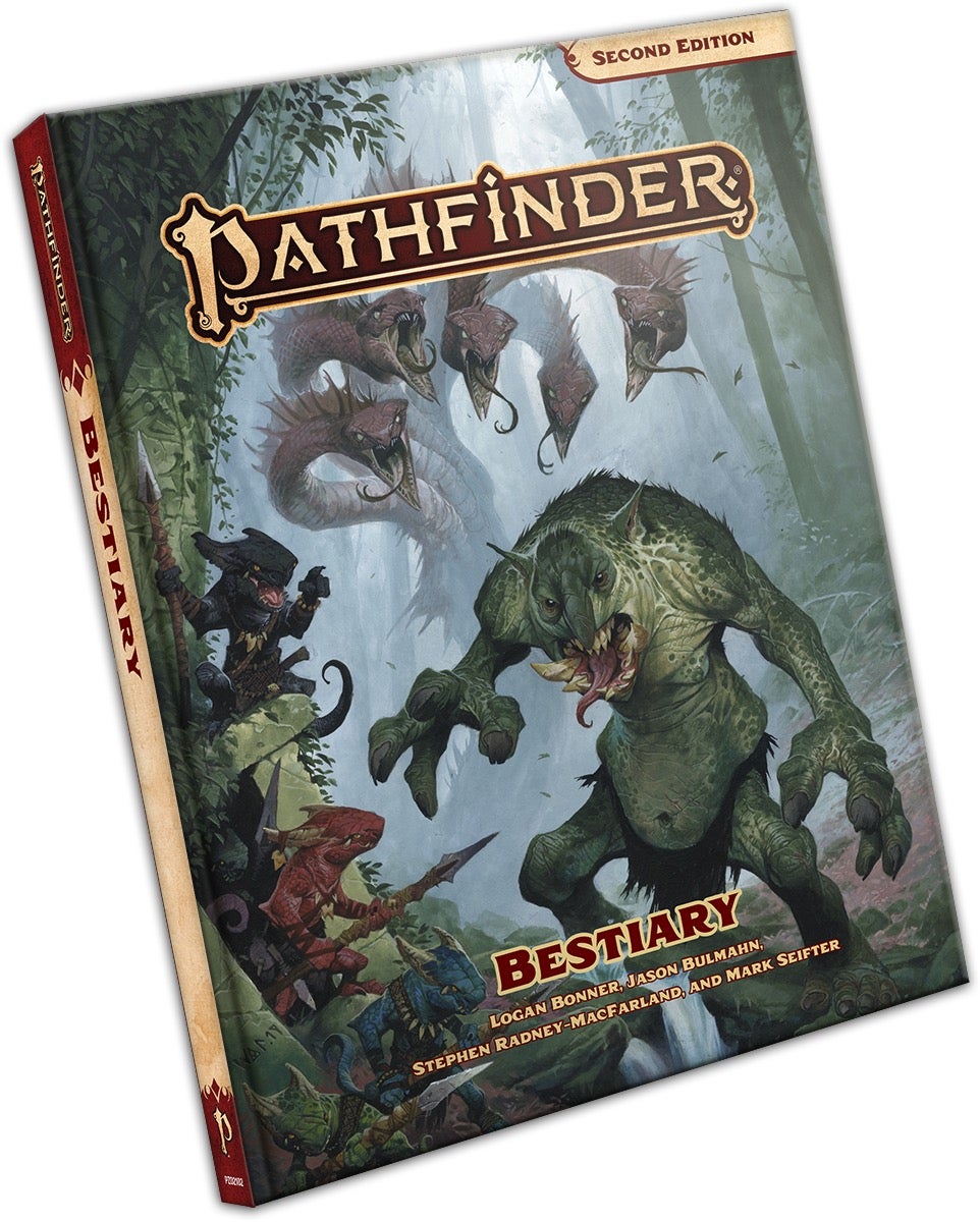 Pathfinder Second Edition Bestiary, featuring kobalds and a troll in the foreground with a hydra lurking in the misty background