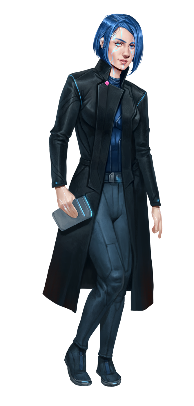 Celita, a blue haired android in a long black jacket holding a datapad