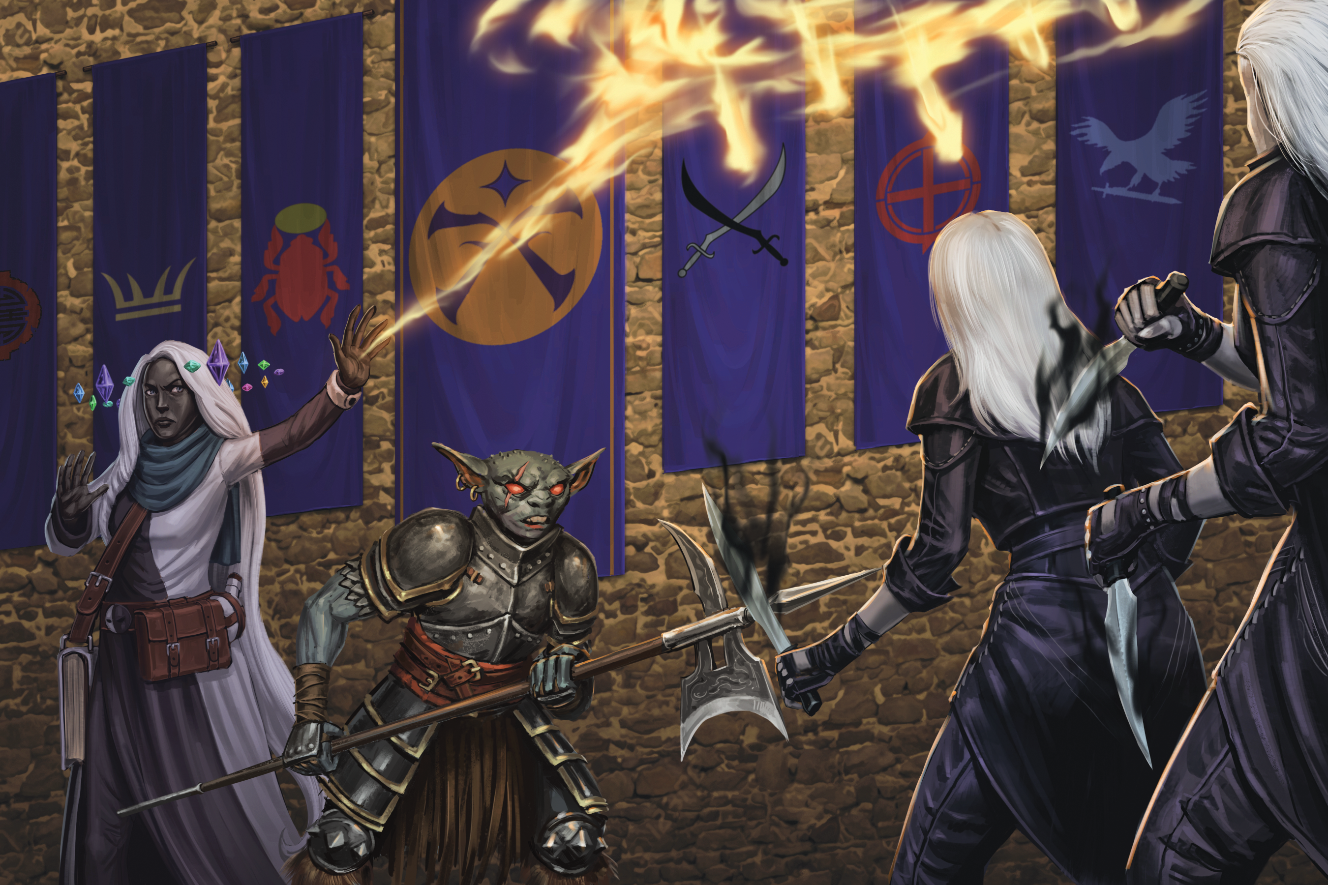 Two white haired, fetchlings in dark clothes wielding daggers face off against a fully armored goblin and a grey and white robed caster 