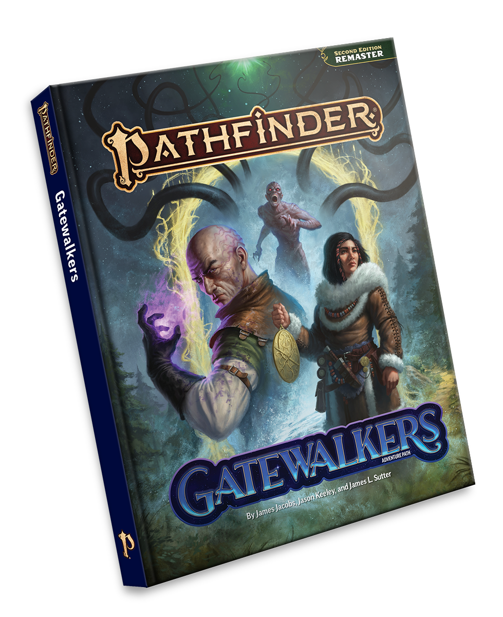 Pathfinder Second Edition Remaster: Gatewalkers Hardcover Compilation. A human woman dressed in leather and furs looks into the distance while holding a large golden amulet. Behind her is the head and shoulders of a human man with glowing purple veins, summoning purple magic in his curled hand. Even further in the background is a magical gate with an undead being and a number of tentacles storming through the gateway