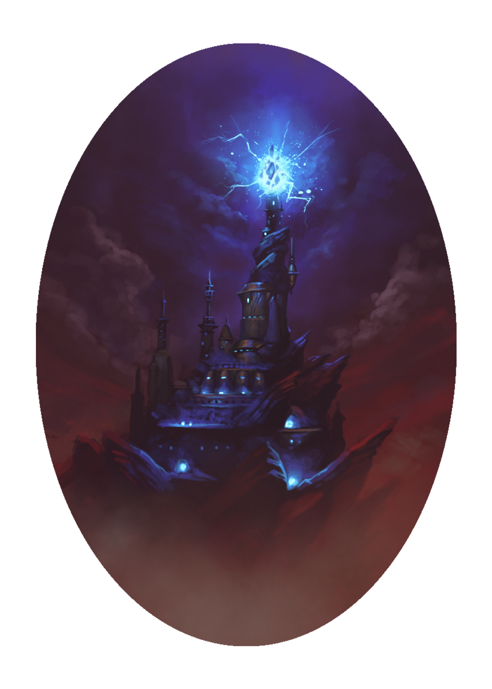 A fortress of stone and metal stands within a shroud of darkness on the surface of a barren planet; a crystalline tower tha tpierces the fortress glows with magical energy.