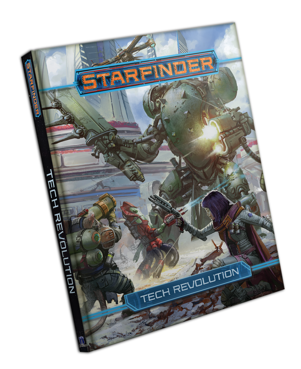 Starfinder Tech Revolution: Large mech robots fire on the starfinder iconics in a city street that's been partially destroyed